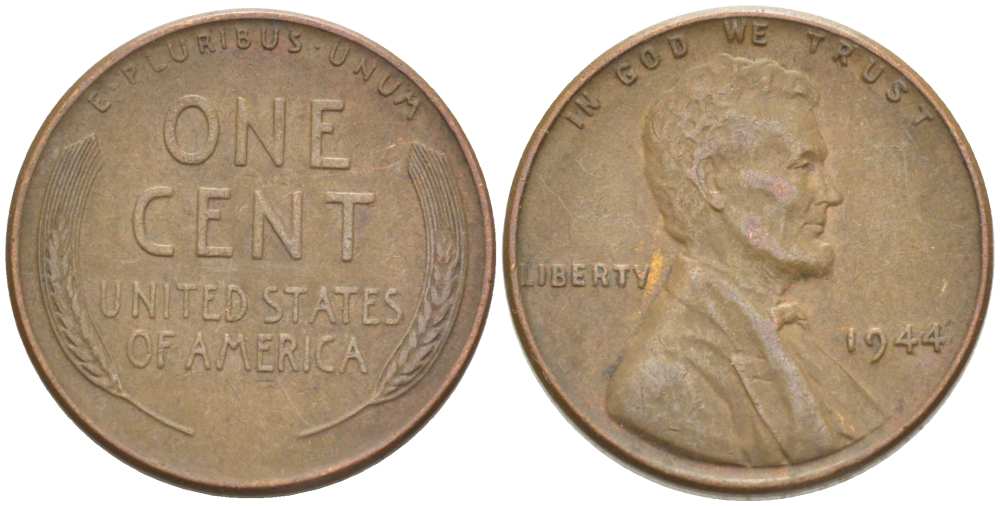 США 1 цент 1944 Линкольн KM А132 медь цинк 218-162