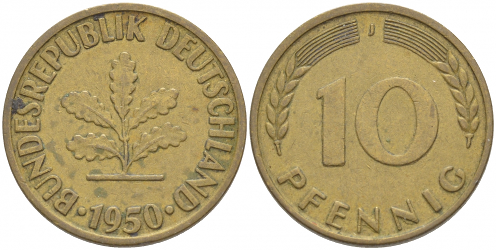 ФРГ 10 ПФЕННИГОВ 1950 J KM 108, J.383 сталь плакированная латунью 4539-917