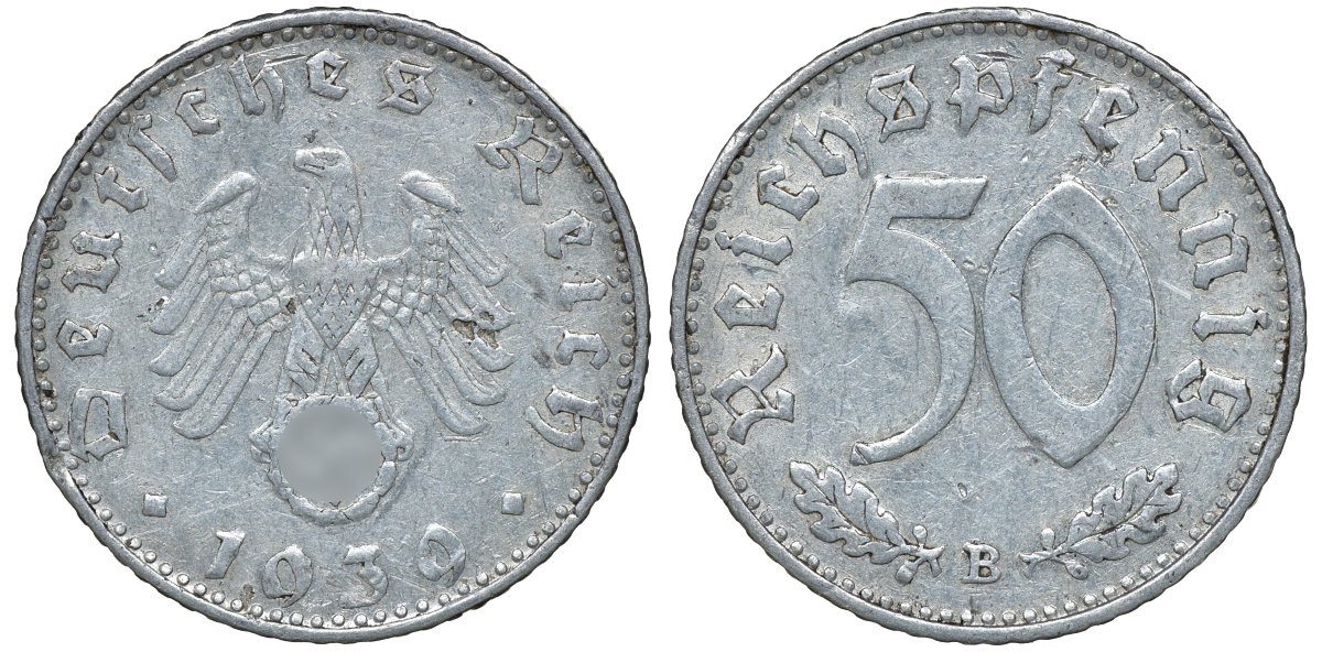 Германия 50 рейхспфеннигов 1939 B цена по каталогу МТ 28 евро J. 372, KM 96 алюминий 72-1251