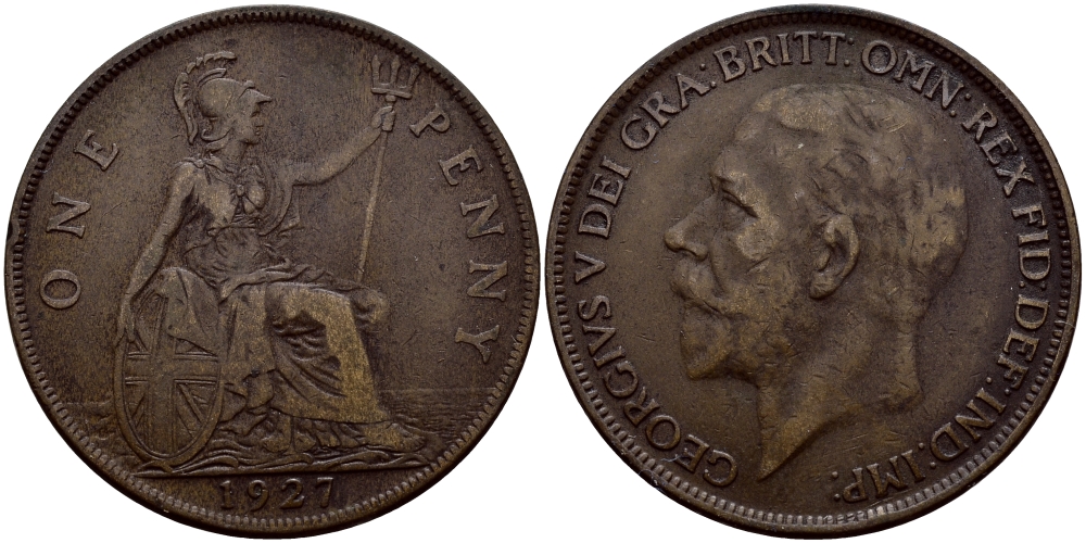 Великобритания 1 пенни 1927 Георг V (1910-1936) КМ 826, Spink 4054 бронза 4389-932