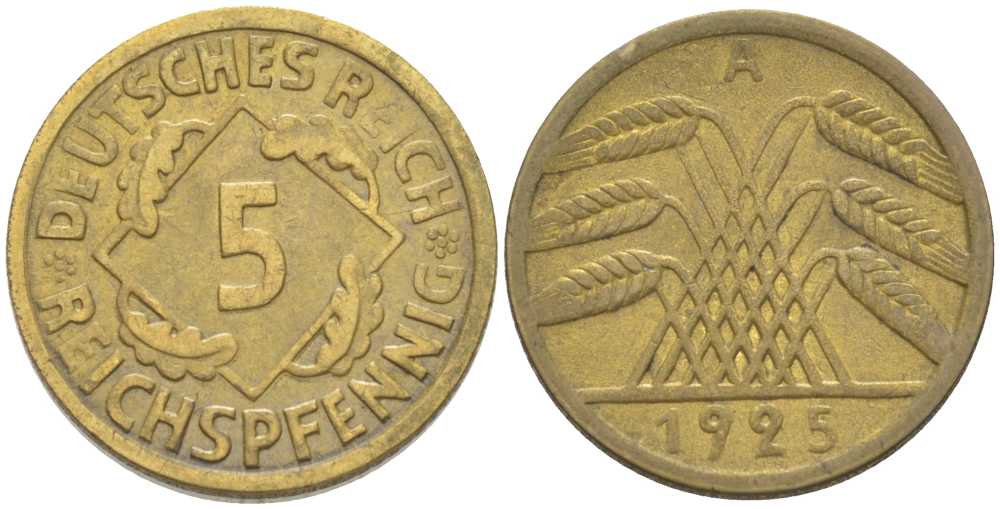 Германия 5 рейхспфеннигов 1925 A KM 39, J. 316, Weege 7 алюминиевая бронза 206-769