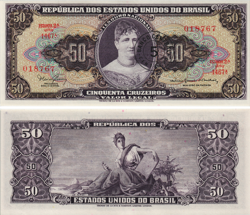 БРАЗИЛИЯ 5 СЕНТАВО 1967 НАДПЕЧАТКА НА 50 КРУЗЕЙРО Pick 184b бумага UNC (ПРЕСС) 8605-45-2-2