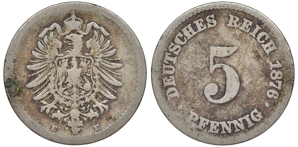 Германия 5 пфеннигов 1876 E, старогербовка KM 3, J. 3 медно-никель 51-3137