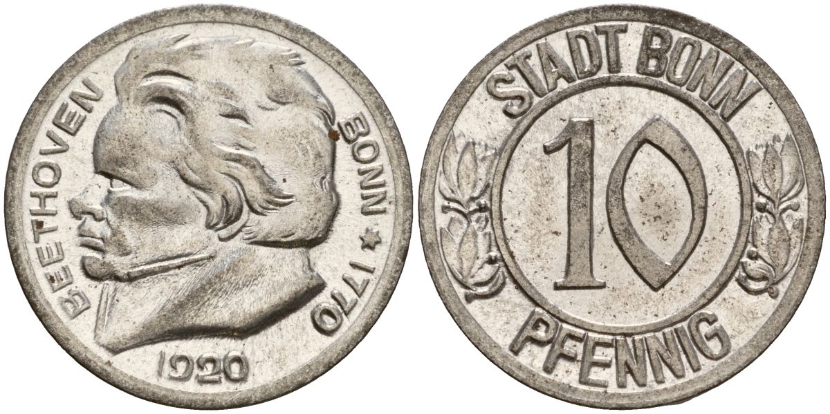 Германия, Бонн 10 пфеннигов 1920 Бетховен, Северный Рейн-Вестфалия, нотгельд Funck 51.1A железо 08-945