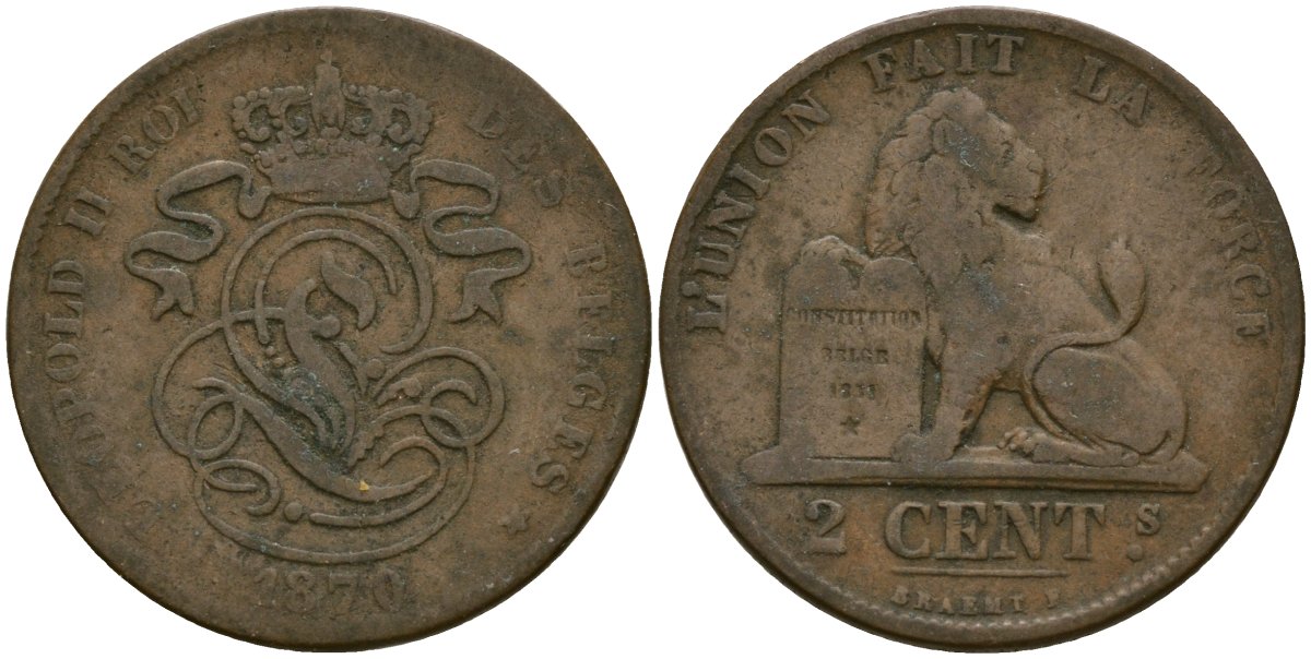Бельгия 2 сантима 1870 Belges KM 35 медь 4135-944