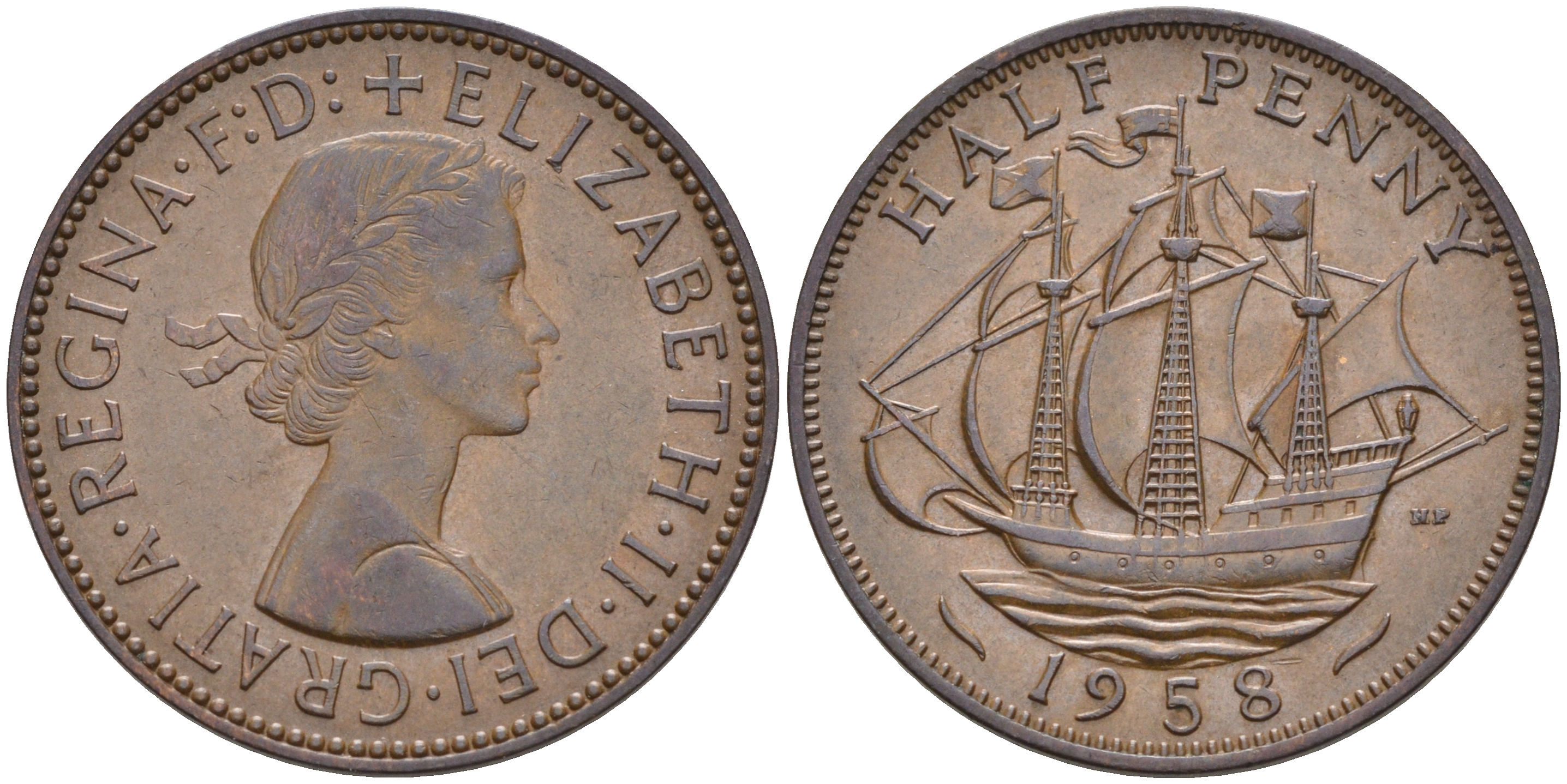 Великобритания 1/2 пенни 1958 Елизавета II (1952-2022) KM 896, Spink 4158 бронза 4592-413