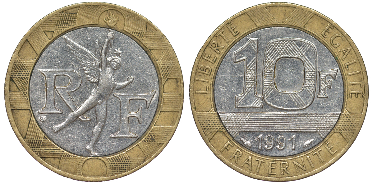 Франция 10 франков 1991 тип гений Бастилии KM 964.1, Le Frank 375.6 биметалл 45-844