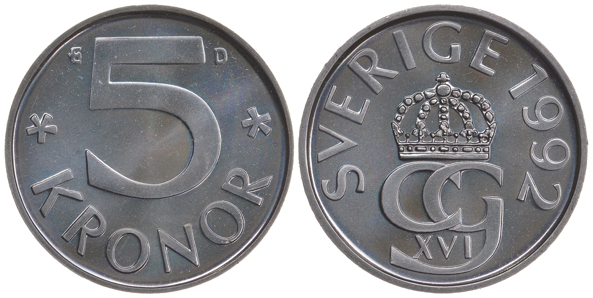 Швеция 5 крон 1992 D Карл XVI Густав (1973- ) KM 853 медно-никель PROOFLIKE 41-444