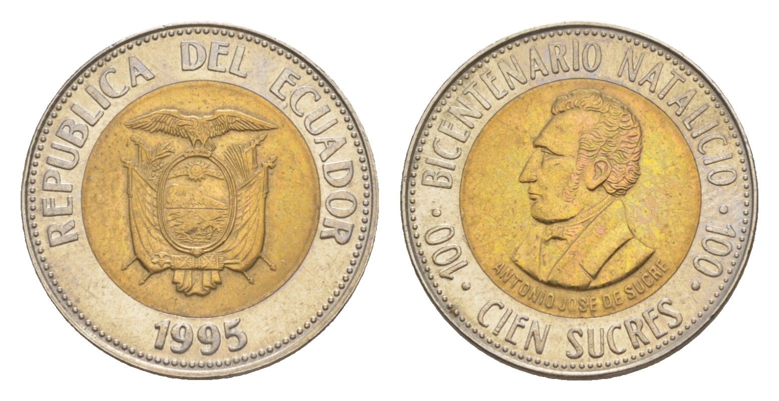 Эквадор 100 сукре 1995 200 лет со дня рождения Антонио Хосе де Сукре KM 96 биметалл 4640-1247