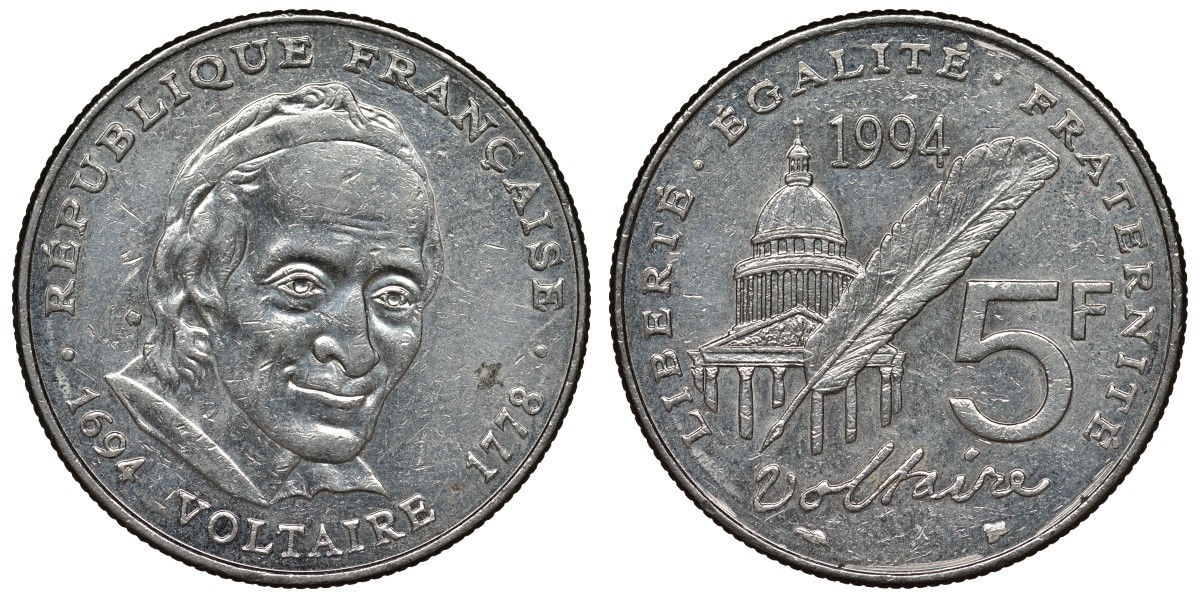 Франция 5 франков 1994 300 лет со дня рождения Вольтера KM 1063, Le Franc 344.2 медно-никель плакированный никелем 4123-246