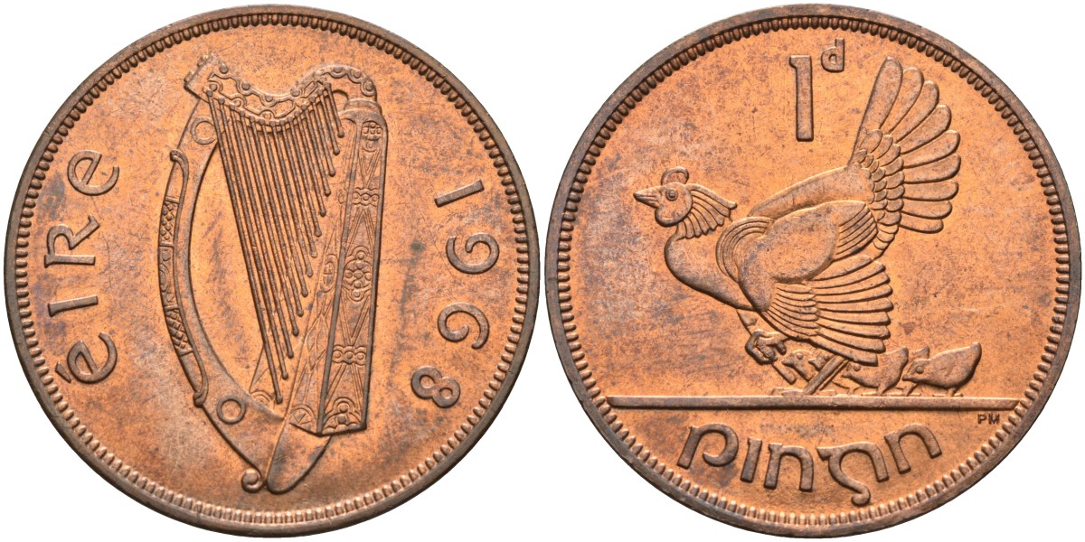 Ирландия 1 пенни 1968 курица с цыплятами KM 11 бронза UNC 4583-434
