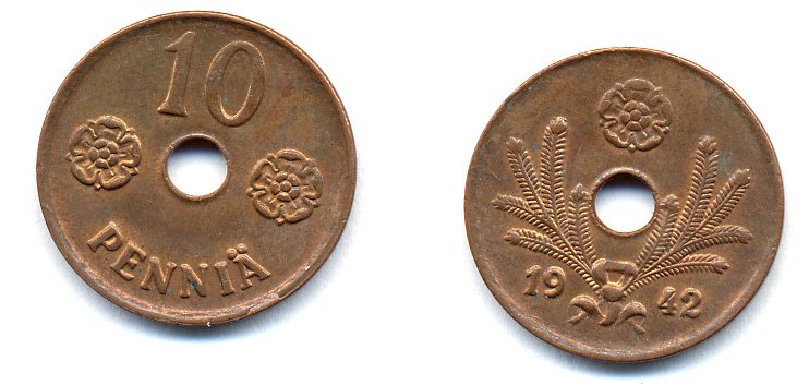 ФИНЛЯНДИЯ 10 ПЕННИ 1942 KM 33.1 медь 51-5017
