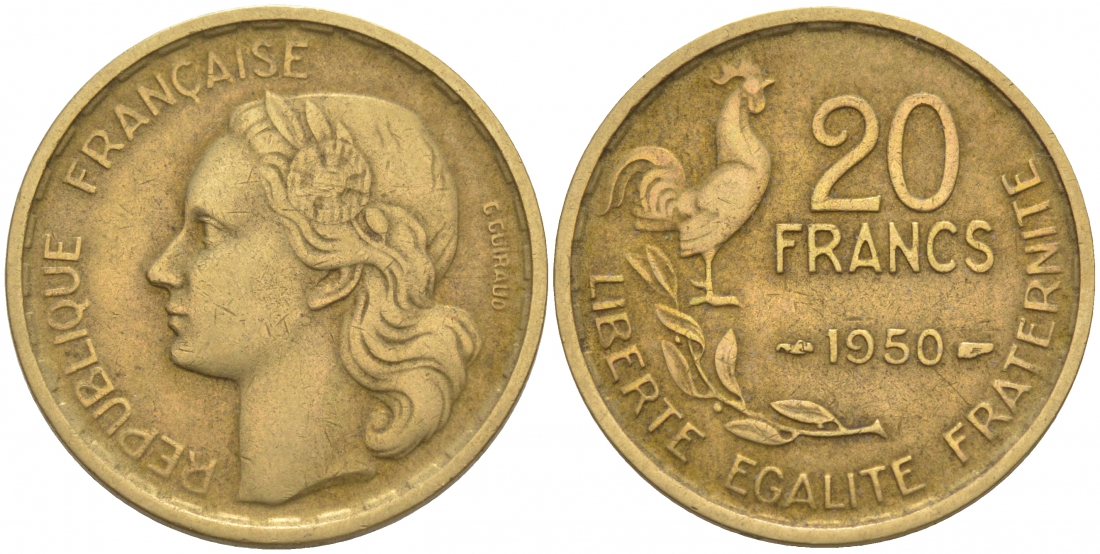 ФРАНЦИЯ 20 ФРАНКОВ 1950 4 ПЕРА KM 917.1, LE FRANC 402.3 алюминиевая бронза 186-357