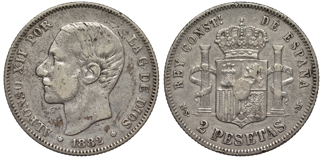 Испания 2 песеты 1882 MS-M, Альфонсо XII (1874-1885) KM 678 серебро 4566-647