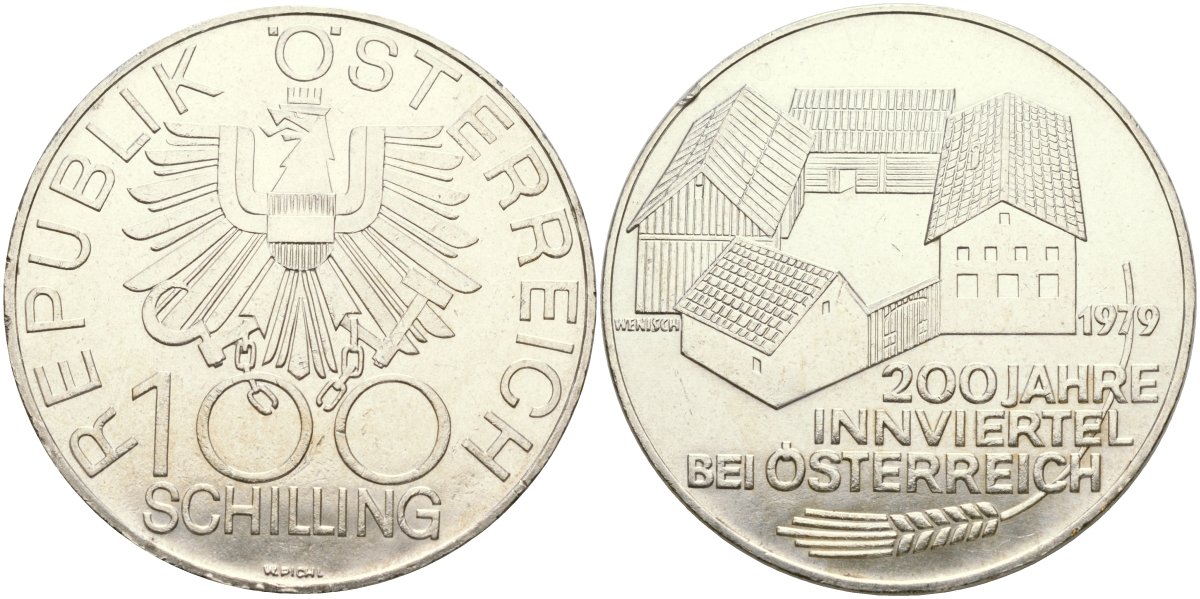 Австрия 100 шиллингов 1979 200 лет области Иннфиртель KM 2943 серебро UNC 00-000-00