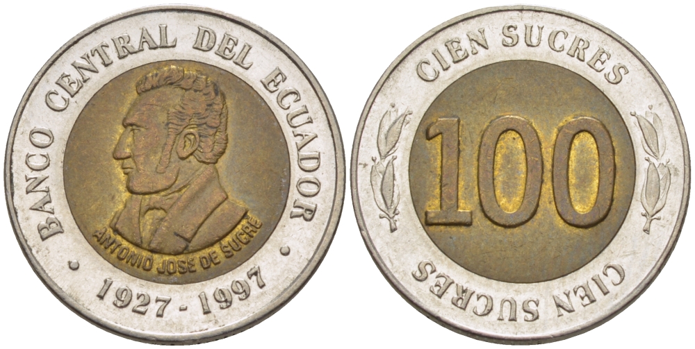 ЭКВАДОР 100 СУКРЕ 1997 АНТОНИО ХОСЕ де СУКРЕ, 70 ЛЕТ ЦЕНТРАЛЬНОМУ БАНКУ KM 101 биметалл 66-923
