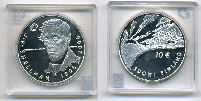 Финляндия 10 евро 2006 200 лет со дня рождения Йохана Снелльмана, философ KM 124 серебро PROOF 11-148-24