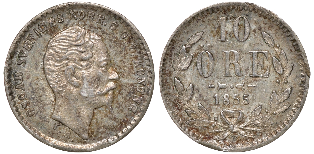 Швеция 10 эре 1855 T, Оскар I (1844-1859) KM 683 серебро 4179-643