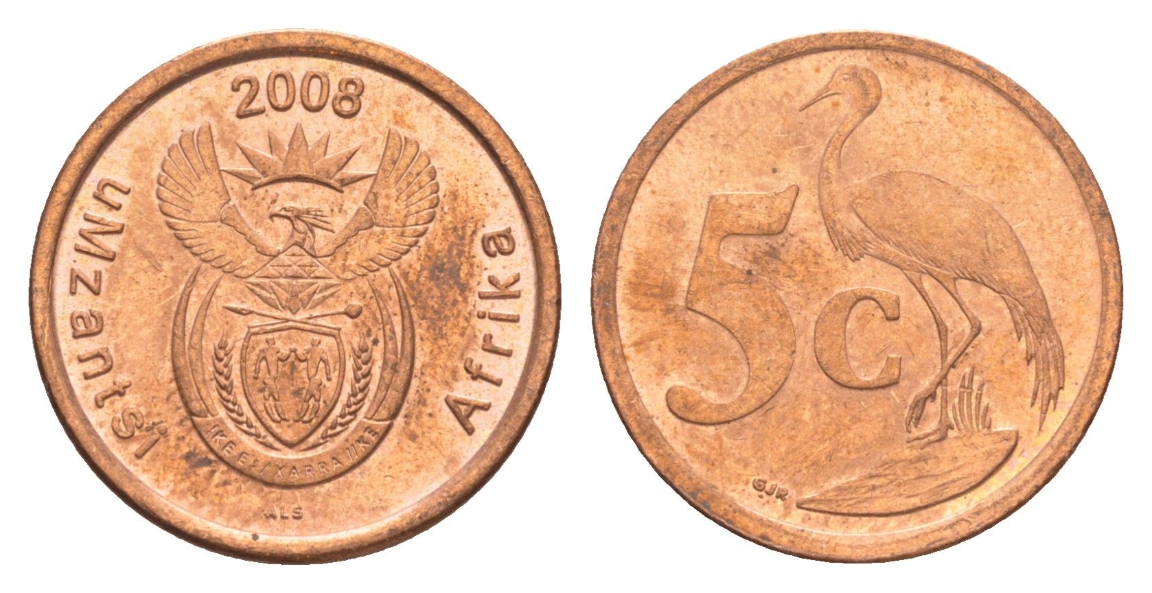 ЮАР 5 центов 2008 герб, райский журавль KM 440 сталь плакированная медью UNC 4621-727