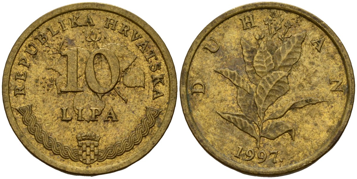 Хорватия 10 лип 1997 табак обыкновенный, легенда на хорватском KM 6 сталь плакированная латунью 4154-626