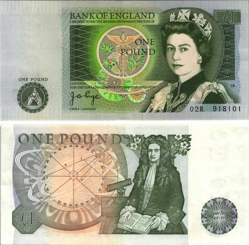 Англия 1 фунт ND (1978-1984) сэр Исаак Ньютон, зеленая подпись J.B. Page Pick 377 а  бумага 00-00