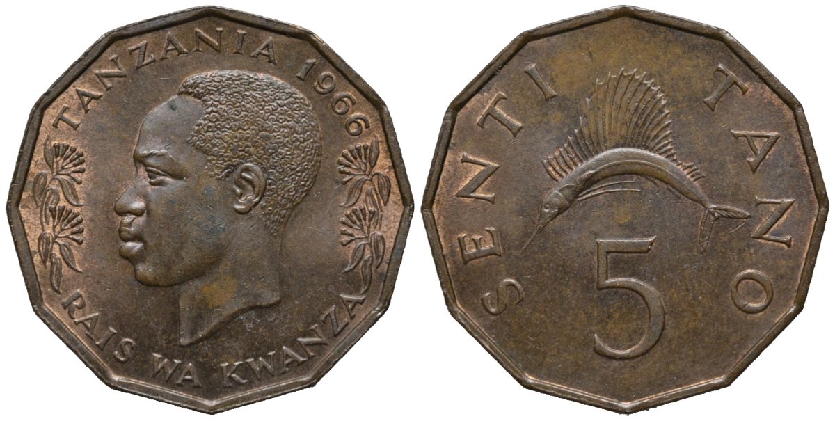Танзания 5 центов 1966 тунец KM 1 бронза 4577-1131