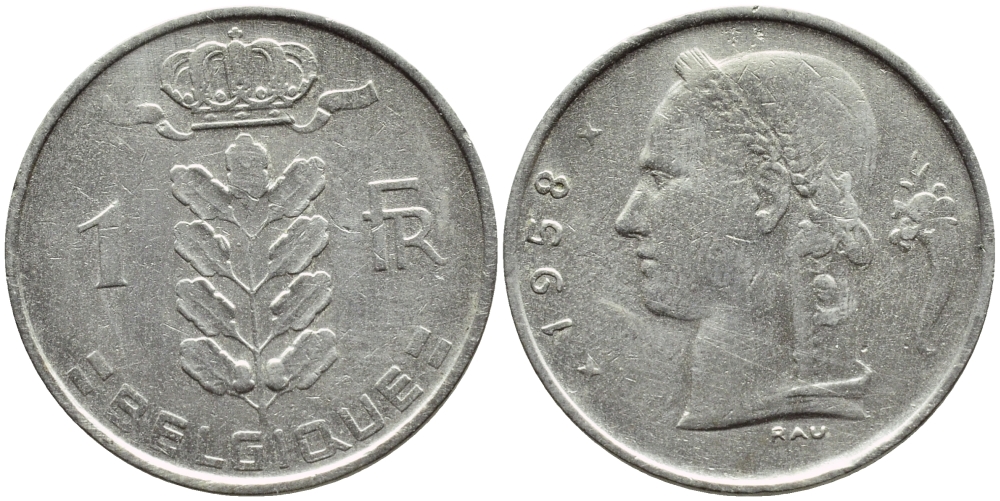 БЕЛЬГИЯ 1 ФРАНК 1959 BELGIQUE KM 142.1 медно-никель 4388-445