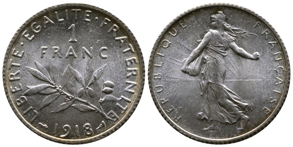 Франция 1 франк 1918 сеятель KM 844.1, Le Franc 217.24 серебро UNC 259-722