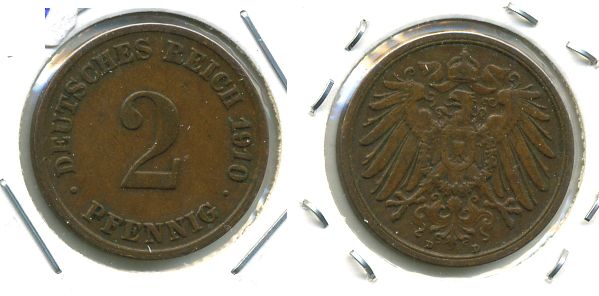 ГЕРМАНИЯ 2 ПФЕННИГА 1910 D KM 16, J. 11 медь 701-522