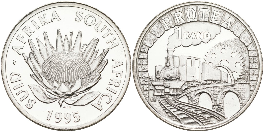 ЮАР 1 ранд 1995 100 ЛЕТ ЖЕЛЕЗНОЙ ДОРОГЕ ПРЕТОРИЯ - ДЕЛАГОА KM 152 серебро UNC 00-00