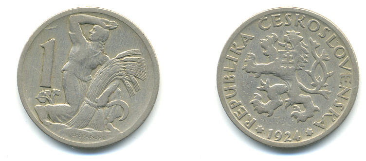 ЧЕХОСЛОВАКИЯ 1 КРОНА 1924 ЖЕНЩИНА СО СНОПОМ И СЕРПОМ KM 4 медно-никель 89-1713