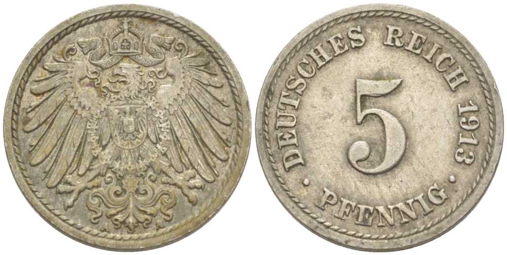 ГЕРМАНИЯ 5 ПФЕННИГОВ 1913 А KM 11, J. 12 медно-никель 206-1232