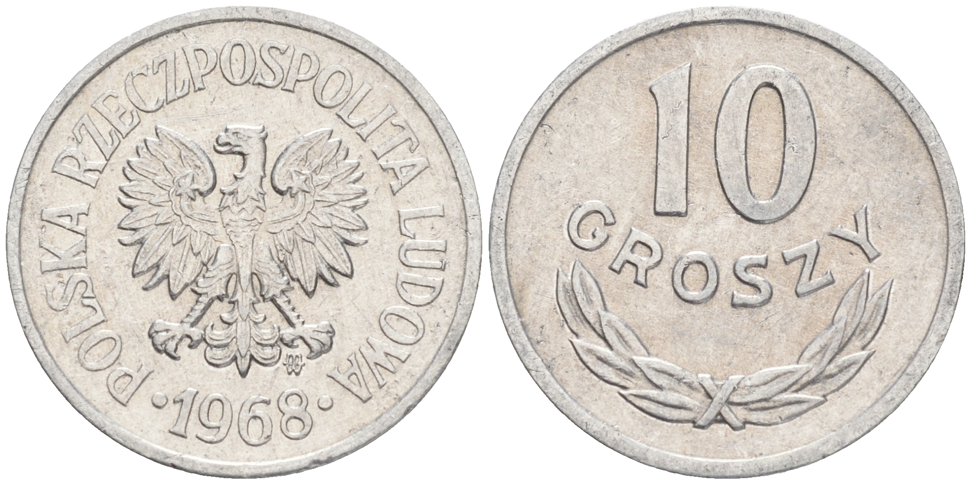 ПОЛЬША 10 ГРОШЕЙ 1968 MW KM АА47 алюминий VF-XF 192-216