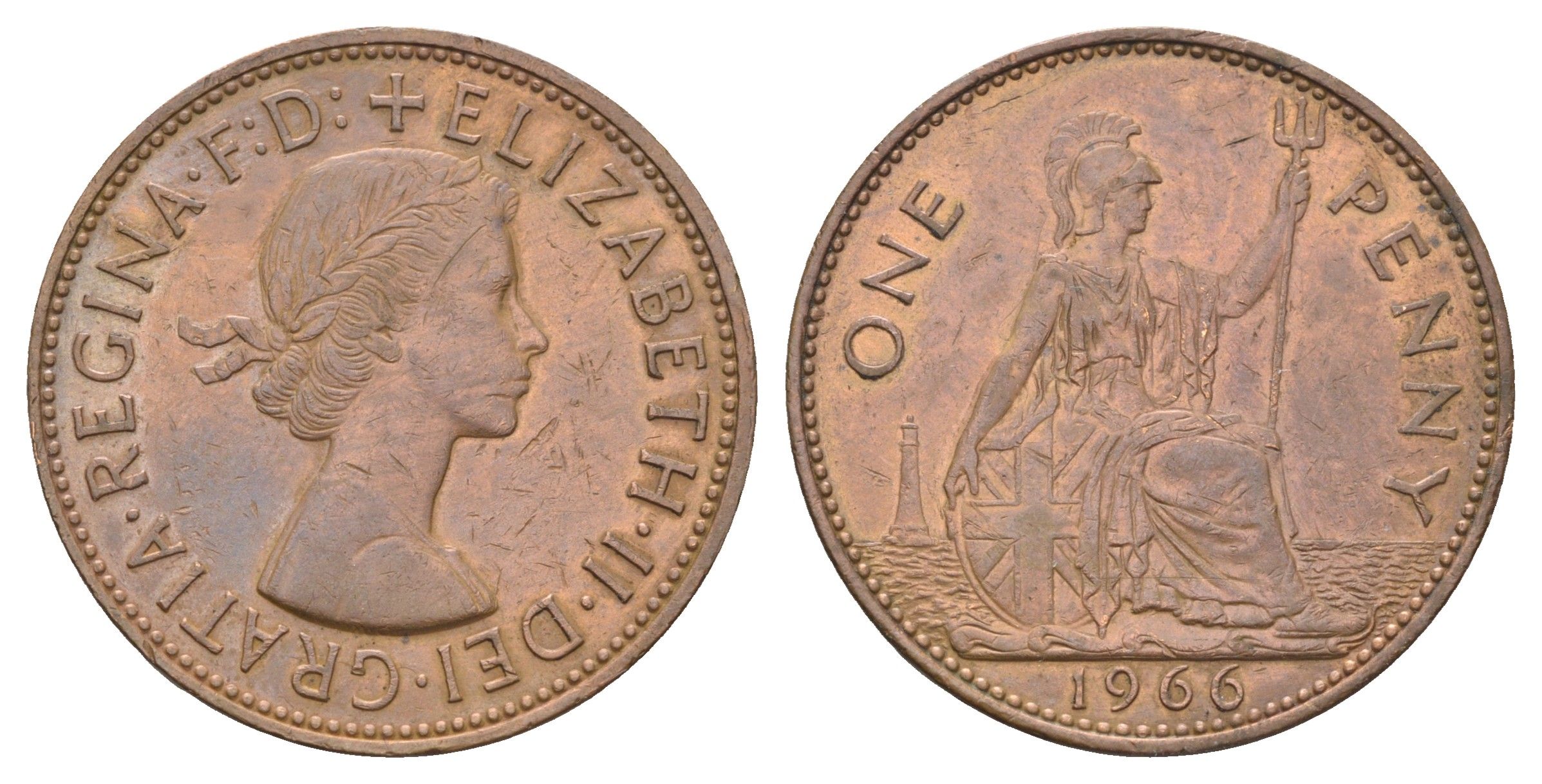 Великобритания 1 пенни 1966 Елизавета II (1952-2022) KM 897, Spink 4157 бронза 4526-435