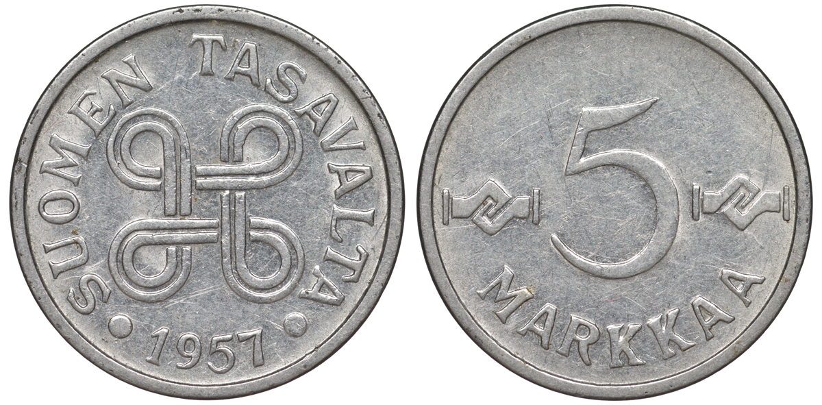 Финляндия 5 марок 1957 KM 37a никелированное железо 3334-1212