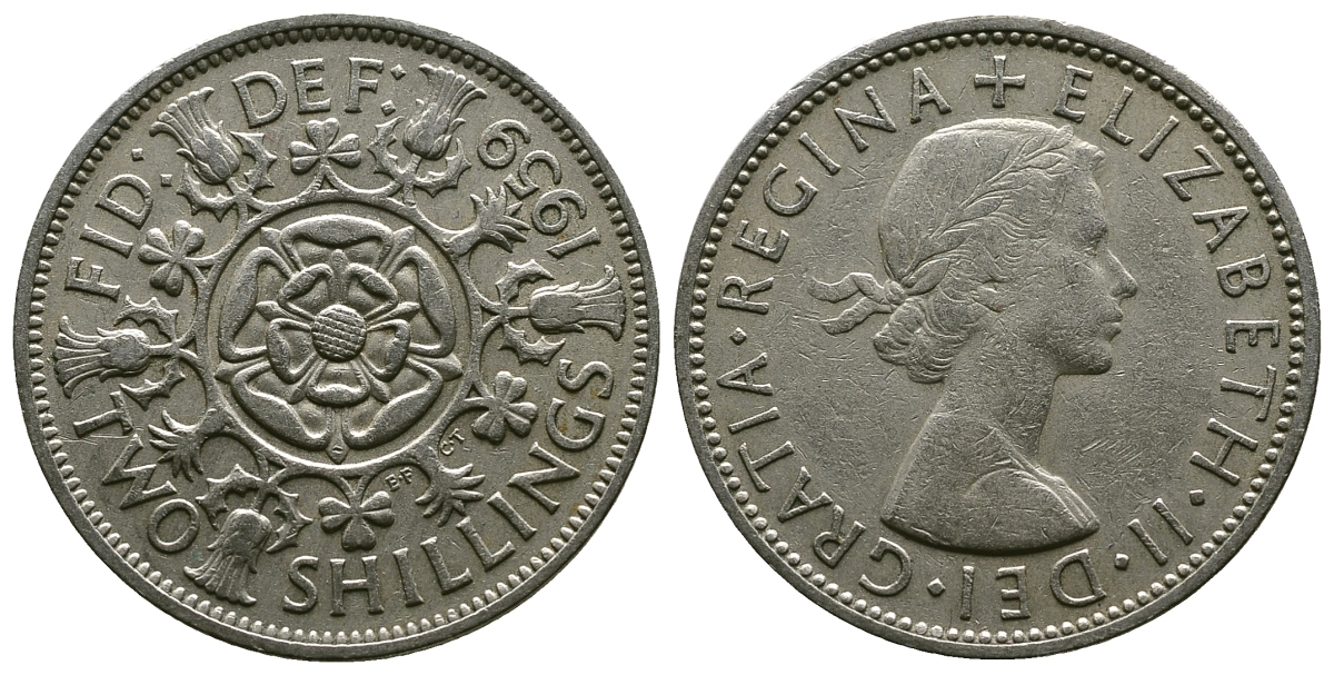 Великобритания 2 шиллинга (флорин) 1959 Елизавета II (1952-2022) KM 906, Spink 4146 медно-никель 4382-222