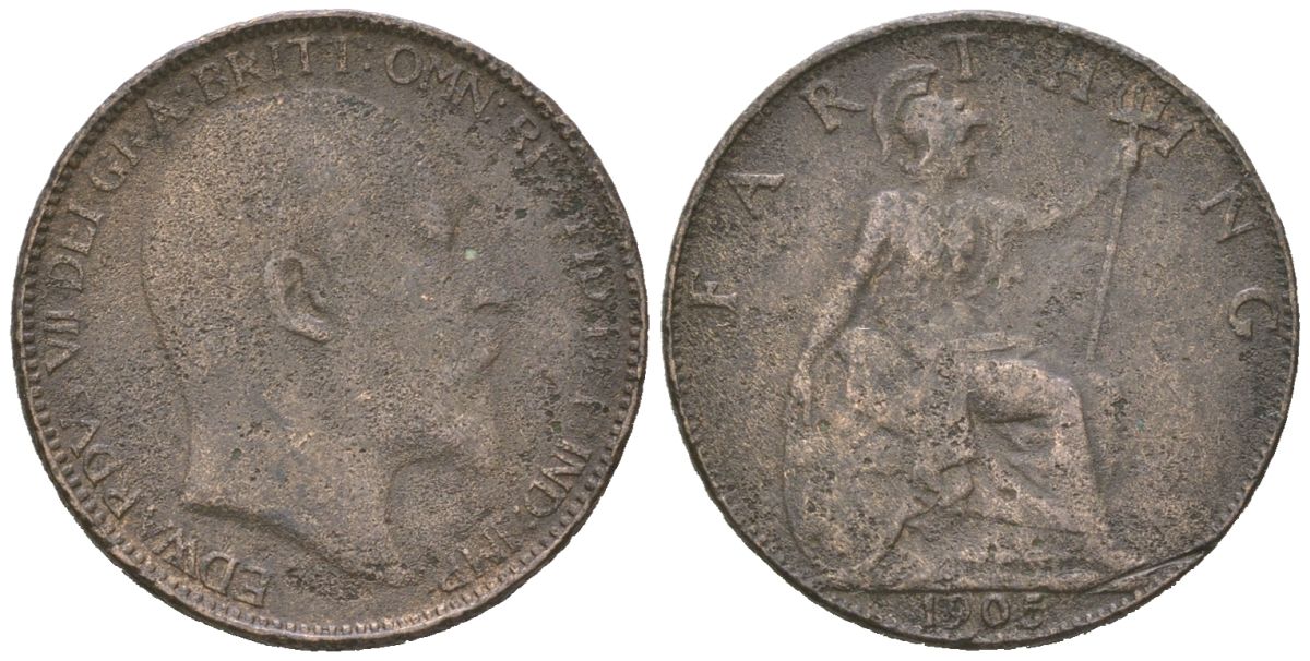 Великобритания 1 фартинг 1905 Эдуард VII (1901-1910) KM 792, Spink 3992 бронза 4617-844