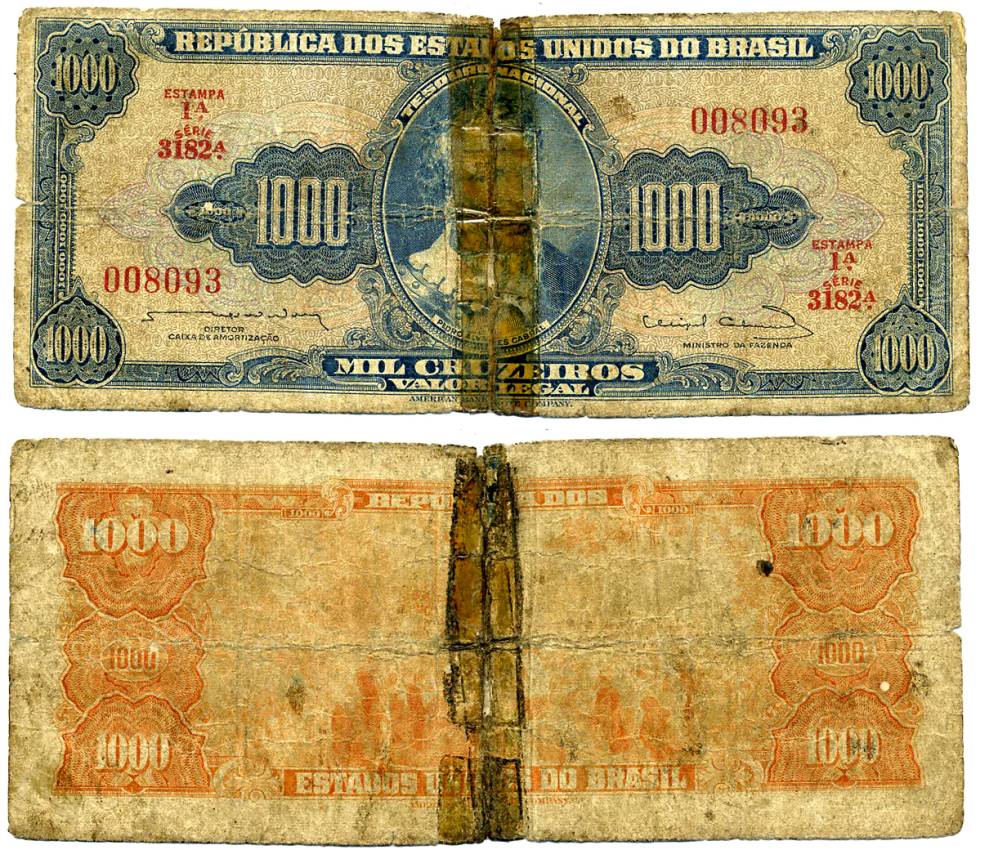 БРАЗИЛИЯ 1000 КРУЗЕЙРО 1963 ПОДПИСЬ 12, СЕРИЯ 3182, ESTAMPA 1A Pick 173c бумага G 7220-59-2