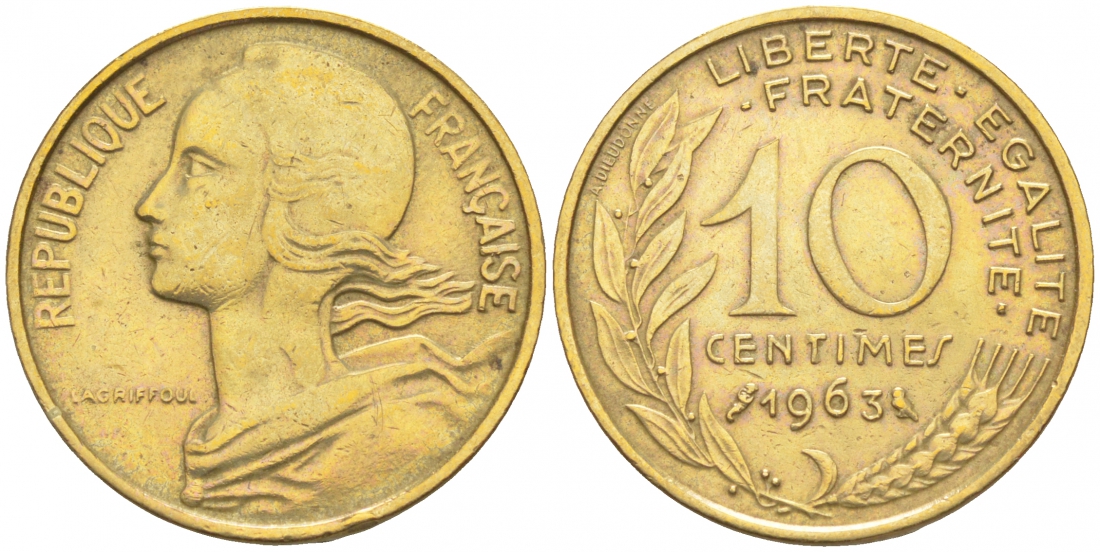 ФРАНЦИЯ 10 САНТИМОВ 1963 ТИП MARIANE KM 929, LE FRANC 144.3 алюминиевая бронза 44-965