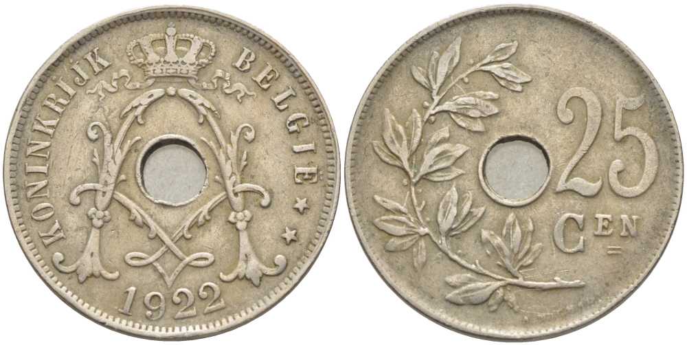 БЕЛЬГИЯ 25 САНТИМОВ 1922 BELGIE, АЛЬБЕРТ I (1909-1934) KM 69 медно-никель 119-343