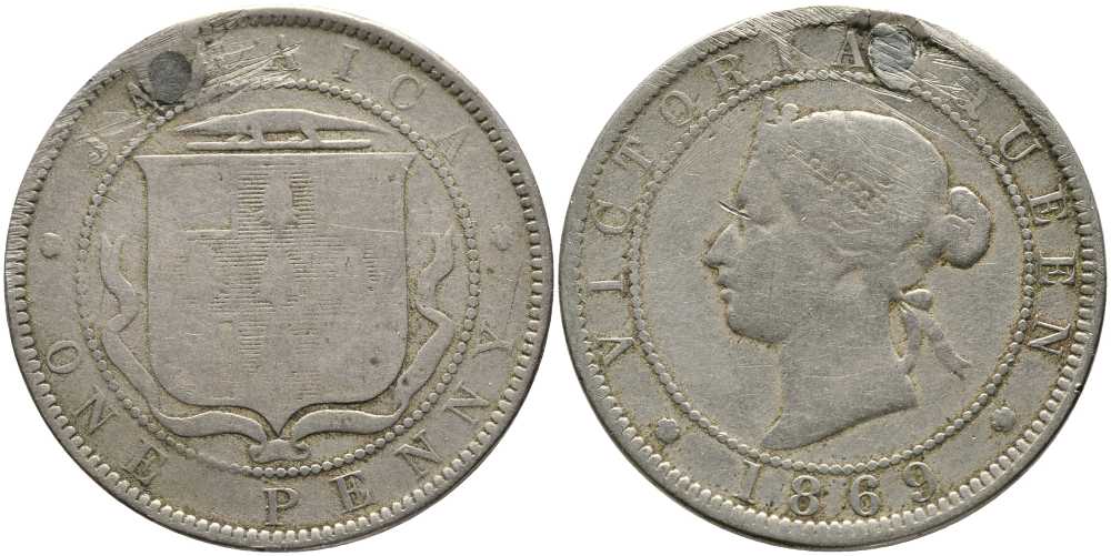 ЯМАЙКА 1 ПЕННИ 1869 КОРОЛЕВА ВИКТОРИЯ, РЕСТАВРАЦИЯ НА 12 ЧАСОВ KM 17 медно-никель 36-114