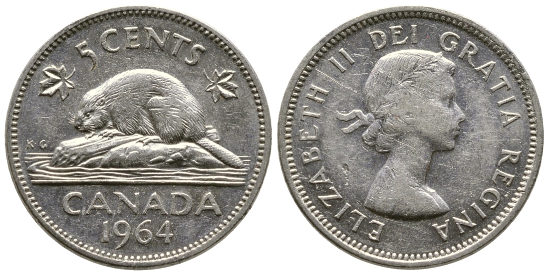 КАНАДА 5 ЦЕНТОВ 1964 ЕЛИЗАВЕТА II, БОБЕР KM 57 никель 93-122
