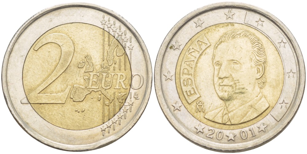 ИСПАНИЯ 2 ЕВРО 2001 ХУАН КАРЛОС I KM 1047 биметалл 4543-246