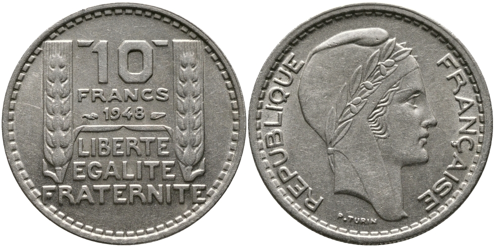 Франция 10 франков 1948 тип Пьер Турин KM 909.1, Le Franc 362.3 медно-никель 4610-614