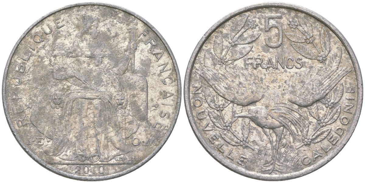 Французская Новая Каледония 5 франков 2010 птица кагу, (IEOM) KM 16, Schoen 12, Lec 81k алюминий 4111-433