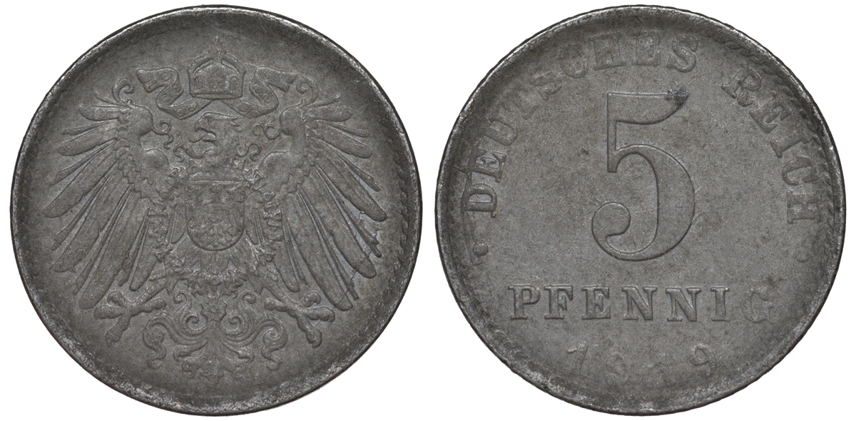 ГЕРМАНИЯ 5 ПФЕННИГОВ 1919 A KM 19, J. 297 железо 45-1156