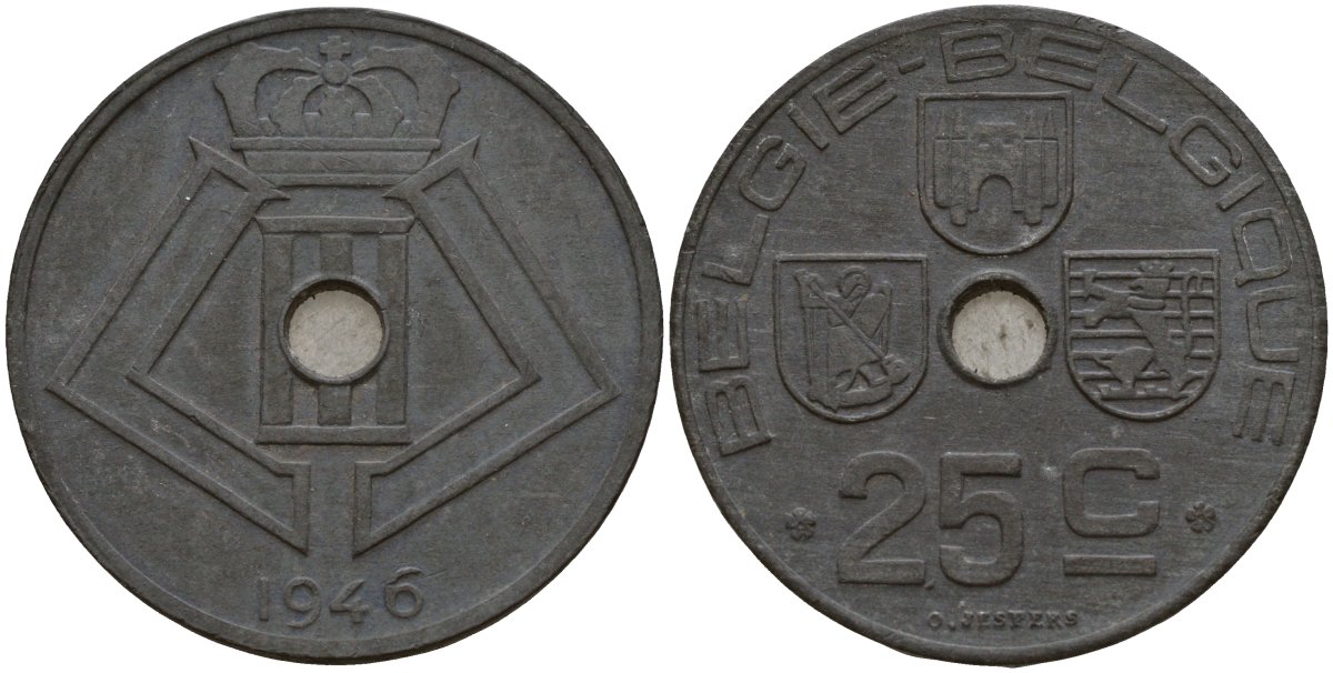 Бельгия 25 сантимов 1946 Belgie - Belgique, Леопольд III (1934-1947), германская оккупация, Вторая мировая война KM 132 цинк 4157-645