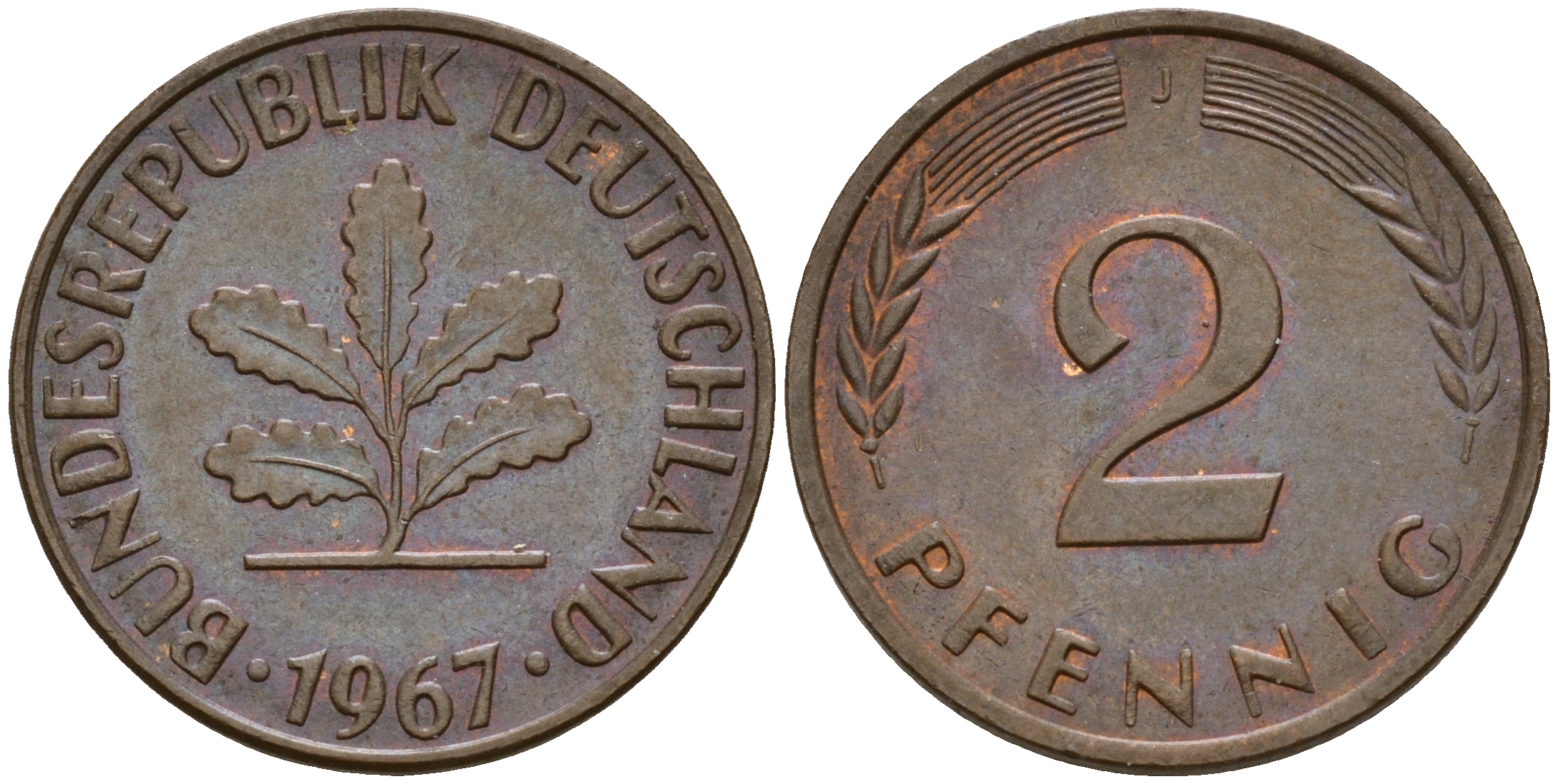 ФРГ 2 пфеннига 1967 J J.381  KM 106 бронза    4598-755