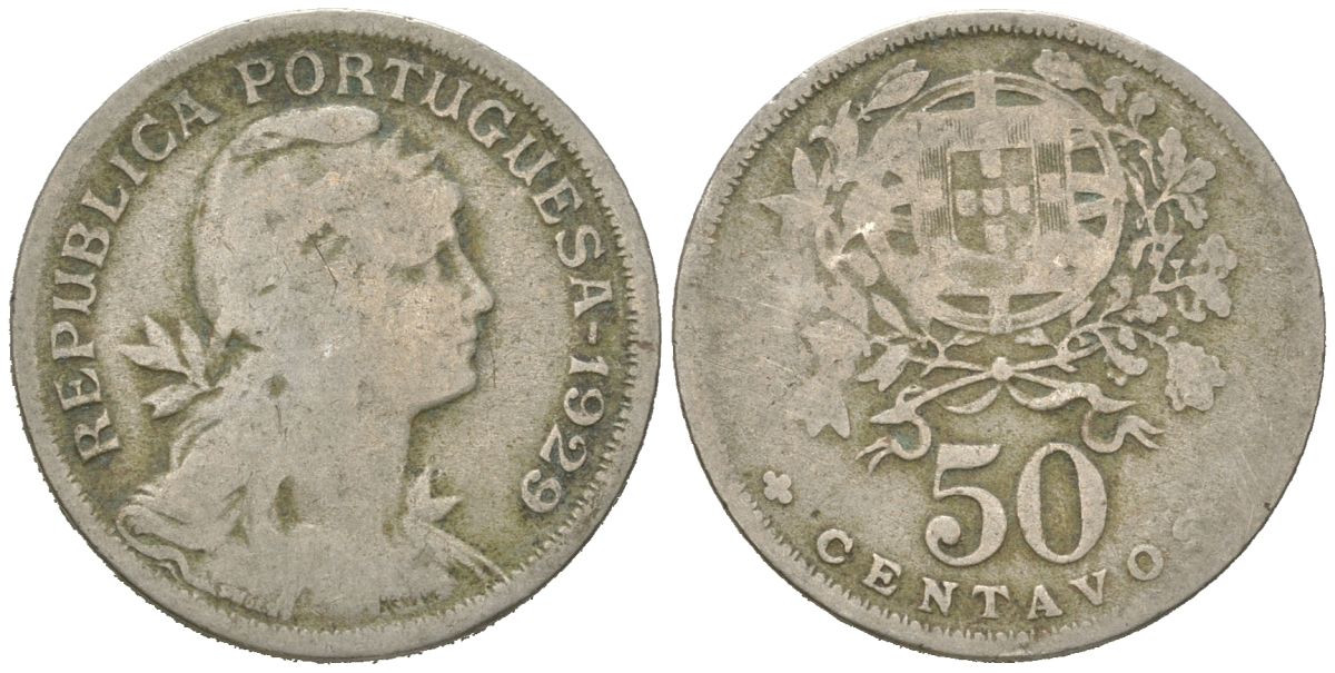 Португалия 50 сентаво 1929 голова Свободы вправо KM 577 медно-никель 4615-831