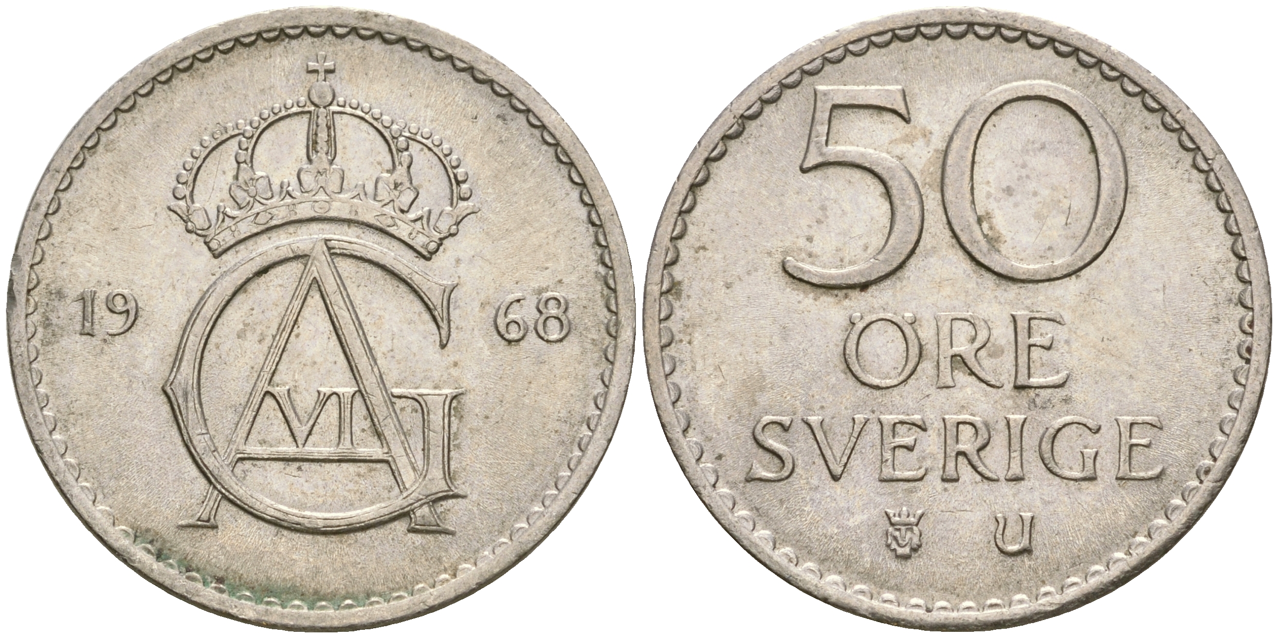 Швеция 50 эре 1968 U, Густав VI Адольф (1950-1973) KM 837 медно-никель 4364-3643